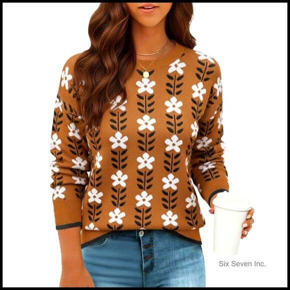 Sweaters - Oversized Floral Knit Pullover Chunky Crewneck Sweater Y2K Chic Casual